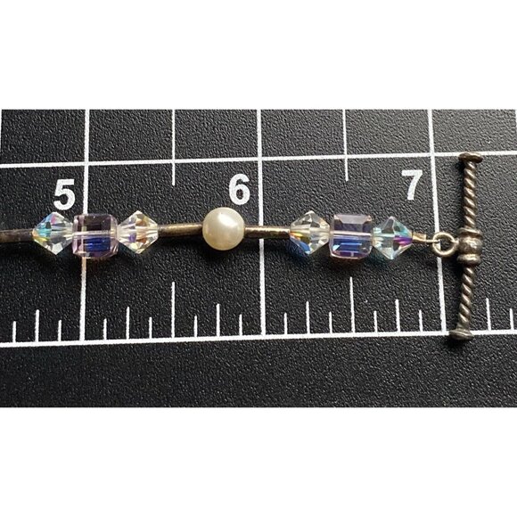 Vtg  Bracelet Sterling Silver Crystal Clear AB Pink Cube Bicone Faux Pearl  7" - Picture 8 of 8